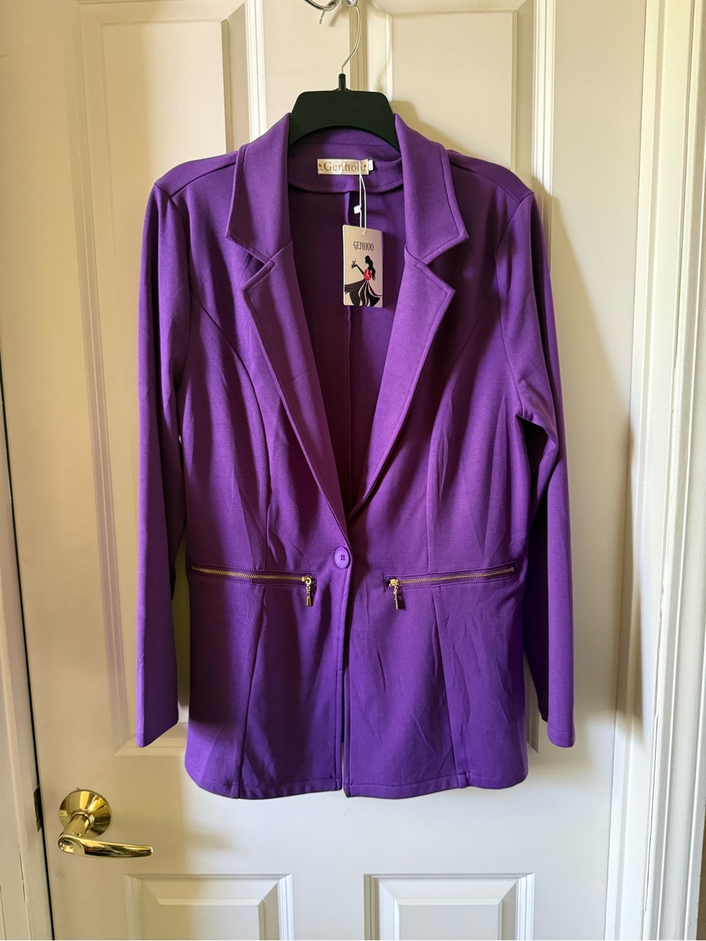 Genhoo Violet Single-Button Blazer with Gold Zippers